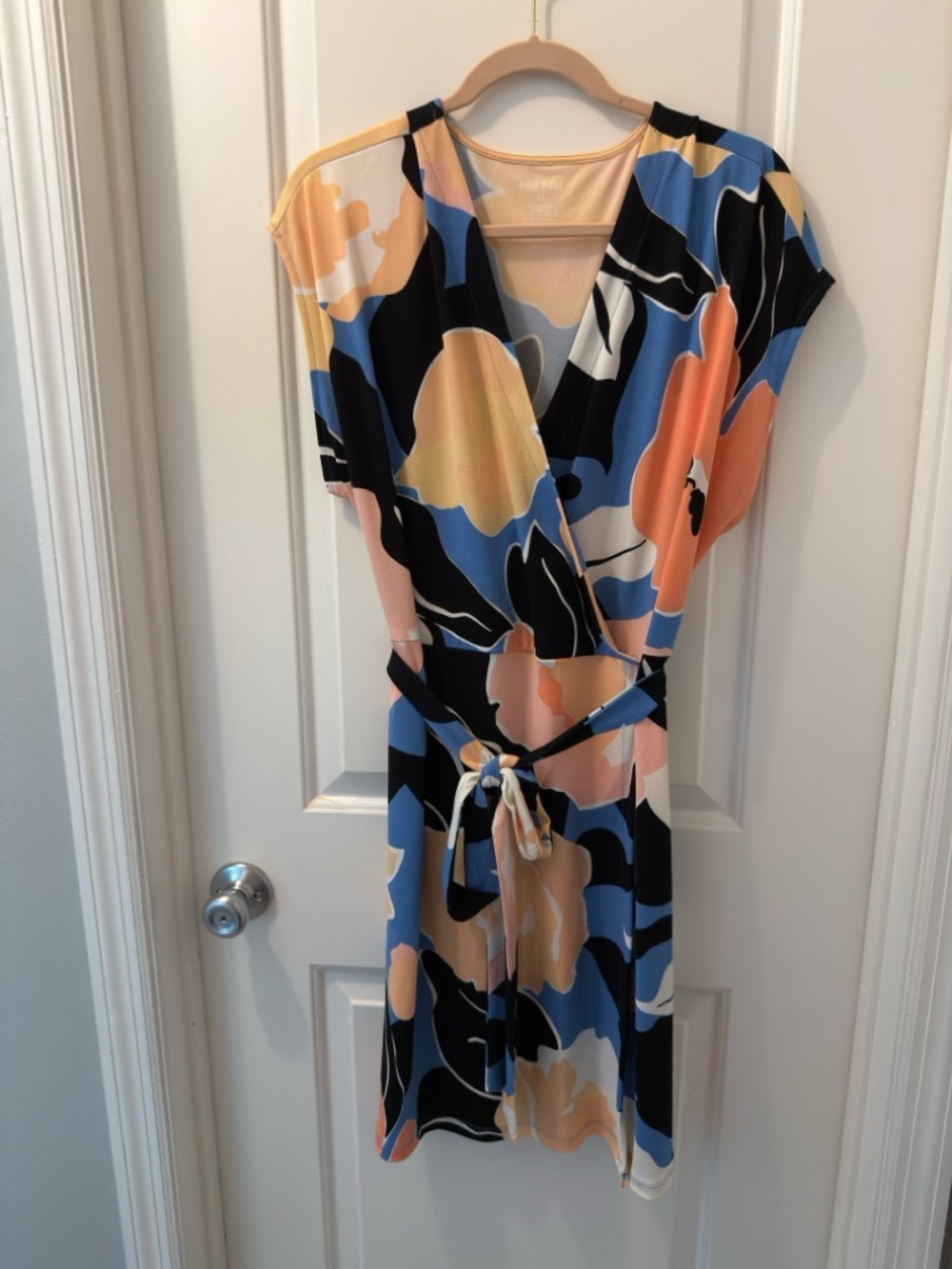Nine West Abstract Floral Wrap Midi Dress in Black, Peach & Blue
